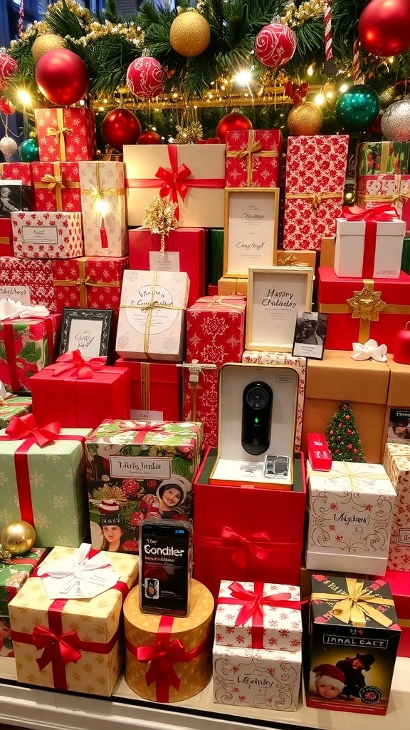 A collection of Christmas gifts wrapped in colorful paper and ribbons, surrounded by holiday decorations.